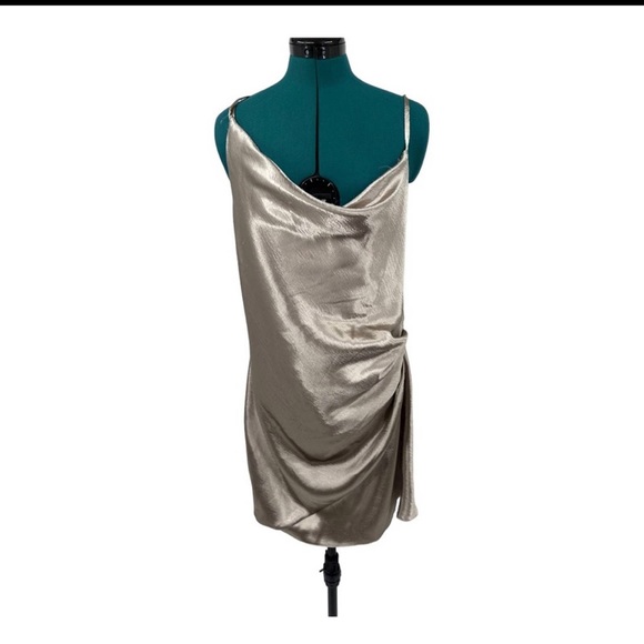 ASOS DESIGN drape satin slip mini dress in high shine in champagne NWT - Picture 4 of 8